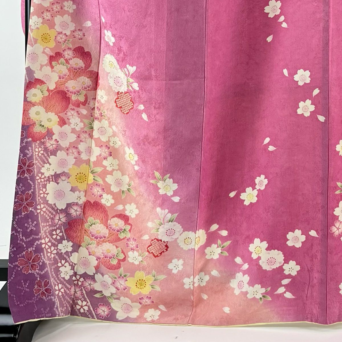 振袖禮服 身長169.5cm 袖長70cm L 雙層 櫻花 疋田紋 金銀彩 裾暈染 粉紅 純蠶絲 名品級