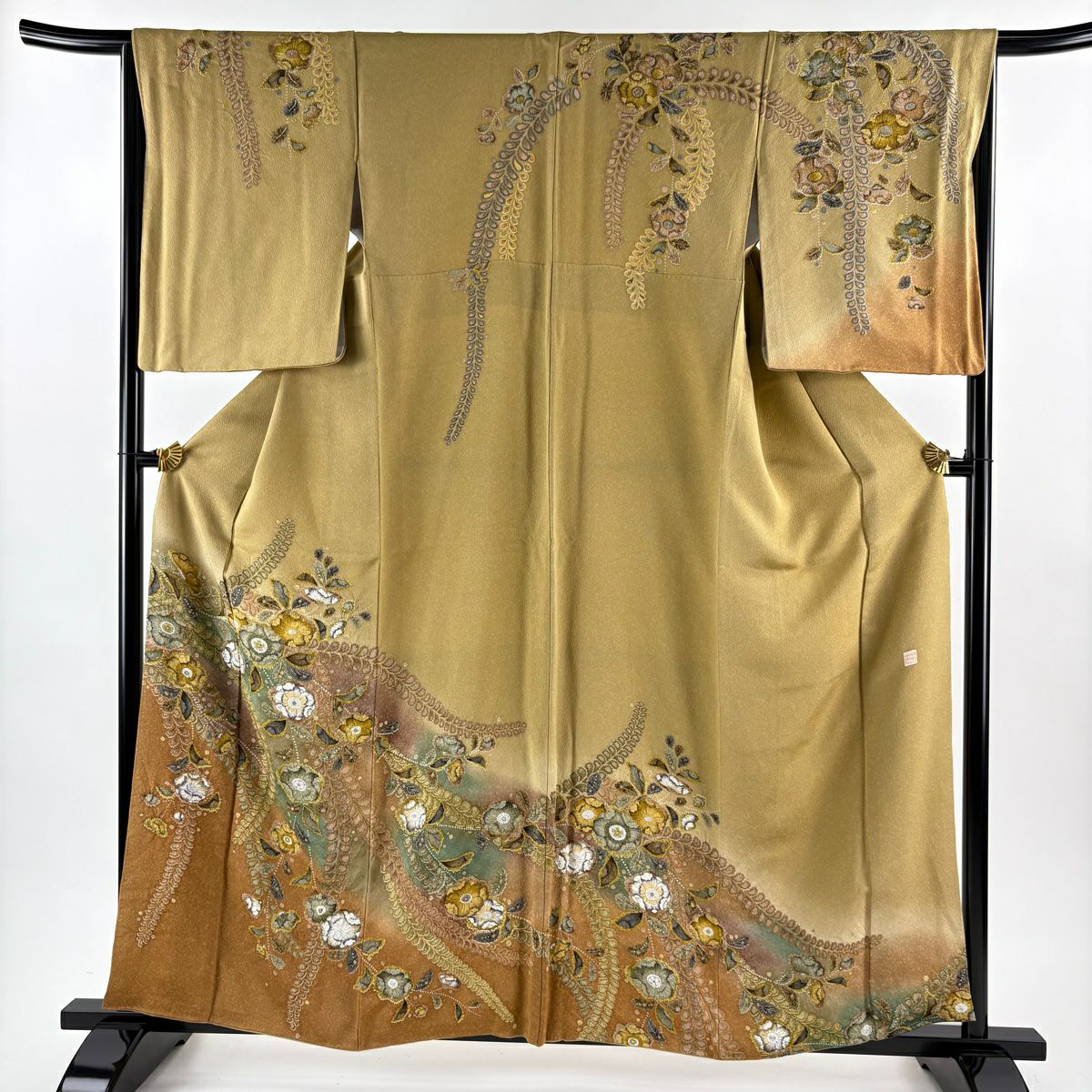 【美品】訪問服 身長160.5cm 袖長66cm M 雙層 落款あり 辻花染 金銀彩 漸層 黃土色 純蠶絲 名品級