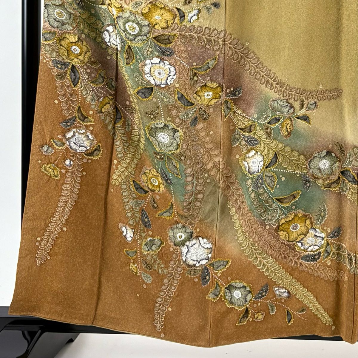 【美品】訪問服 身長160.5cm 袖長66cm M 雙層 落款あり 辻花染 金銀彩 漸層 黃土色 純蠶絲 名品級