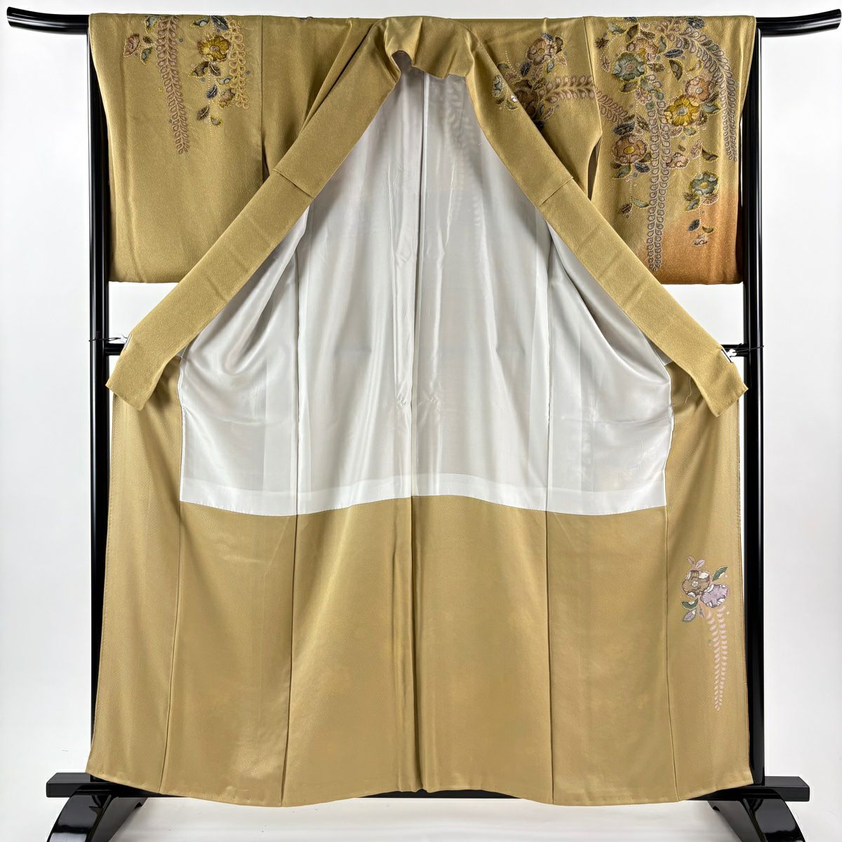 【美品】訪問服 身長160.5cm 袖長66cm M 雙層 落款あり 辻花染 金銀彩 漸層 黃土色 純蠶絲 名品級
