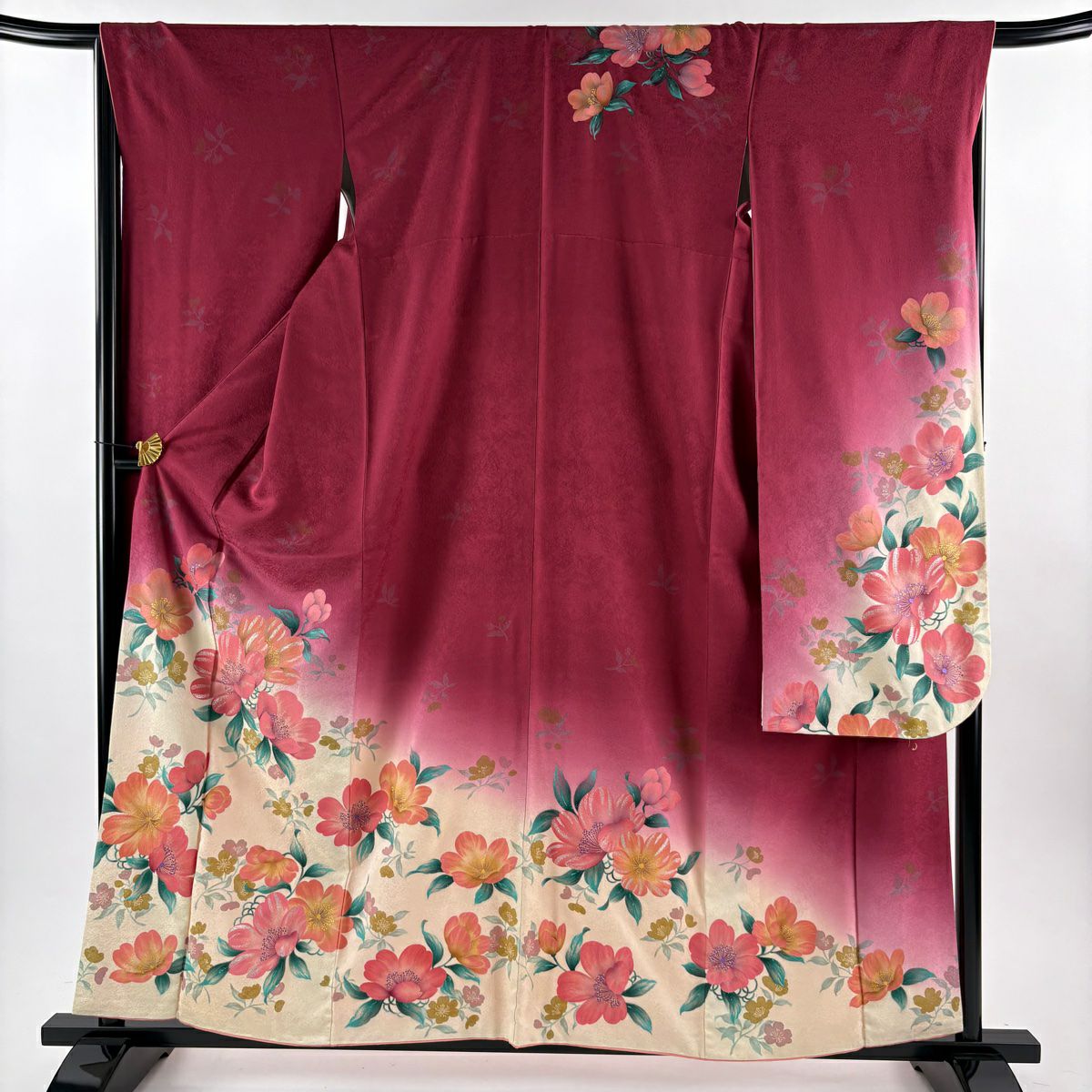 【美品】振袖禮服 身長159cm 袖長67cm M 雙層 山口小夜千 落款あり 草花紋紋 金銀彩 漸變 深粉色 純蠶絲 名品級