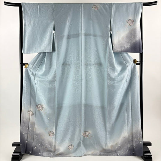 付下 身長171.5cm 袖長65.5cm M 雙層 櫻花 牡丹 金銀彩 漸層 水藍 純蠶絲 名品級