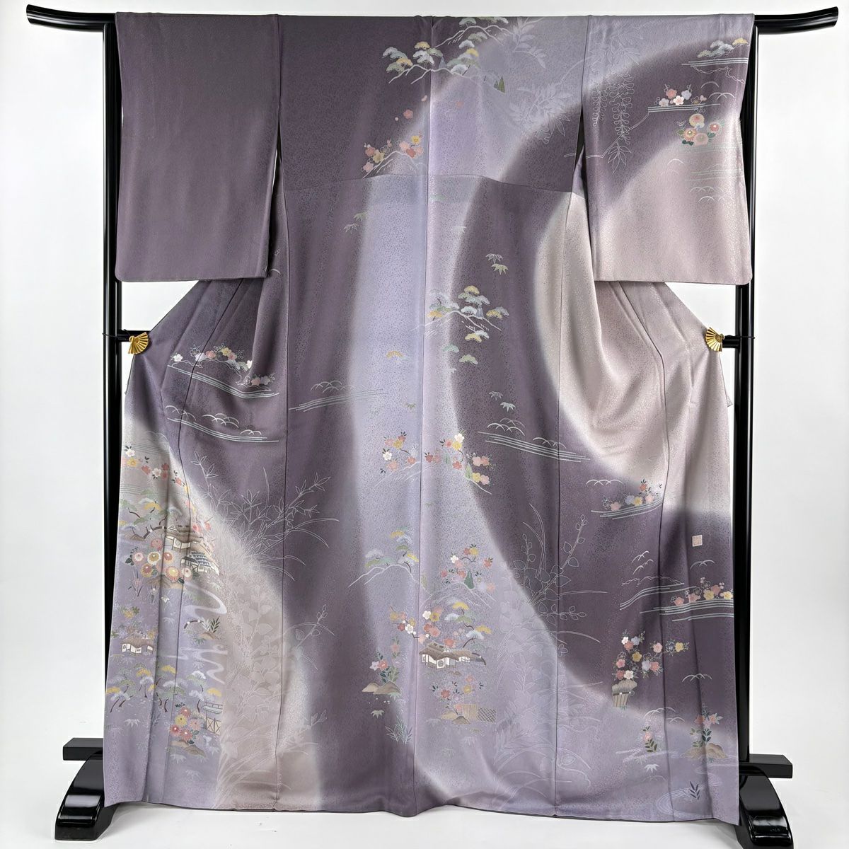 訪問服 身長171.5cm 袖長65.5cm M 雙層 落款あり 家屋 松樹竹子梅花 染分 灰紫 純蠶絲 名品級