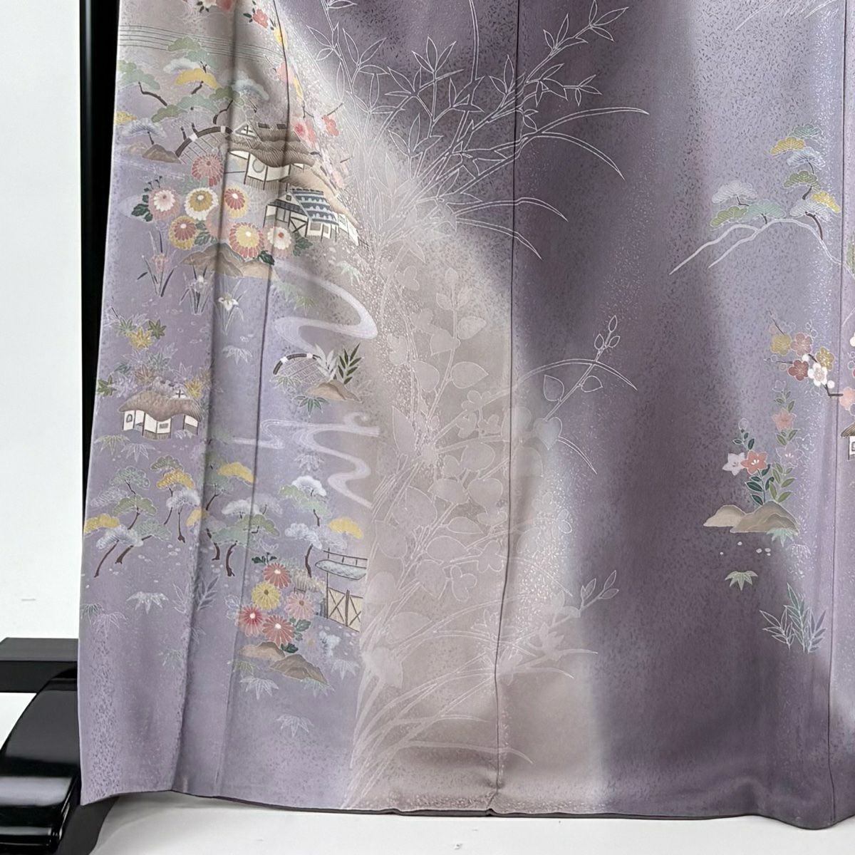 訪問服 身長171.5cm 袖長65.5cm M 雙層 落款あり 家屋 松樹竹子梅花 染分 灰紫 純蠶絲 名品級