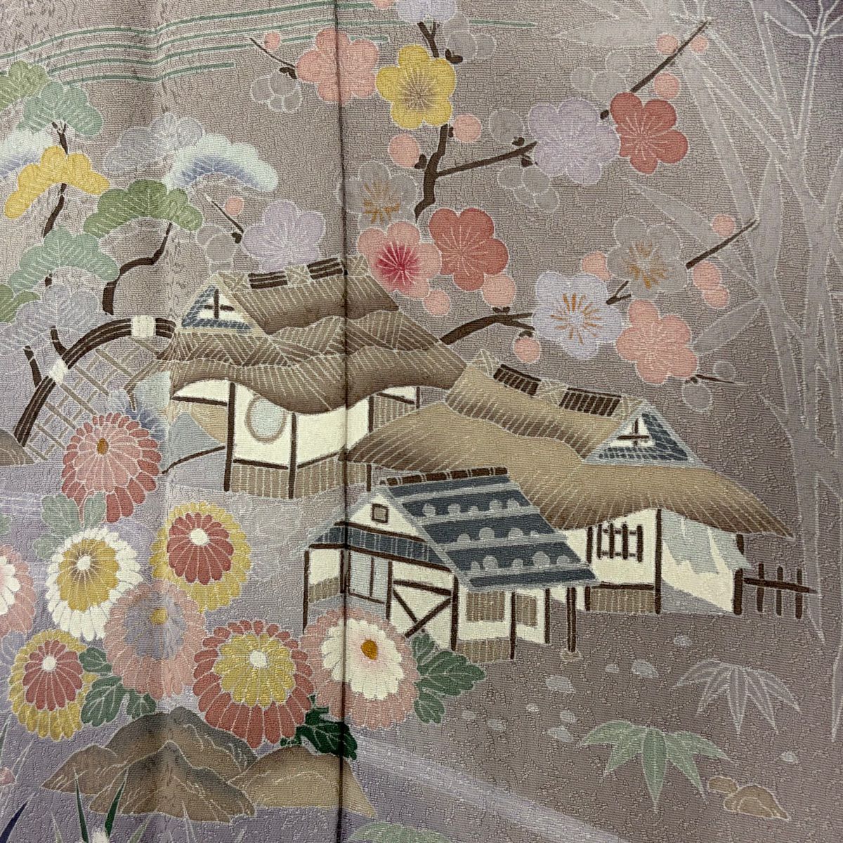 訪問服 身長171.5cm 袖長65.5cm M 雙層 落款あり 家屋 松樹竹子梅花 染分 灰紫 純蠶絲 名品級