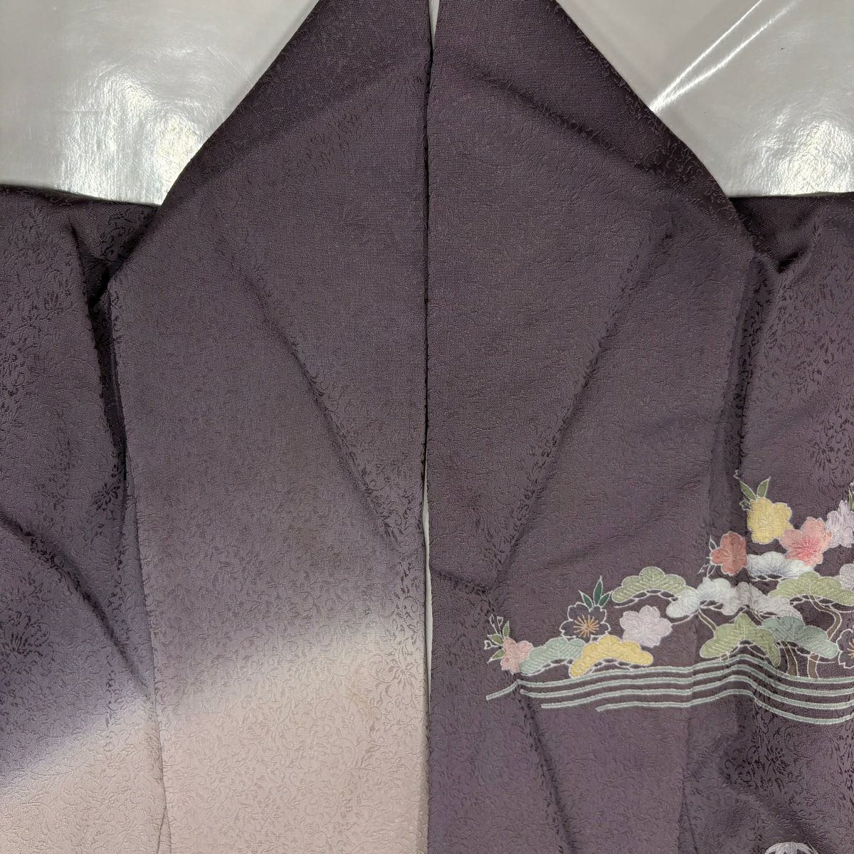 訪問服 身長171.5cm 袖長65.5cm M 雙層 落款あり 家屋 松樹竹子梅花 染分 灰紫 純蠶絲 名品級