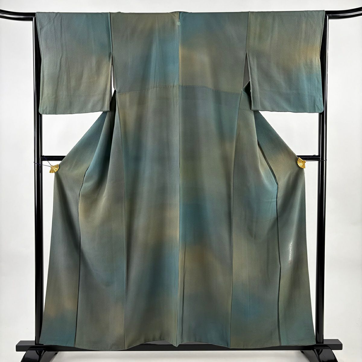 【美品】 小紋 身長158cm 袖長65.5cm M 雙層 斉藤三才 落款あり 漸層 灰綠 純蠶絲 名品級 一つ紋