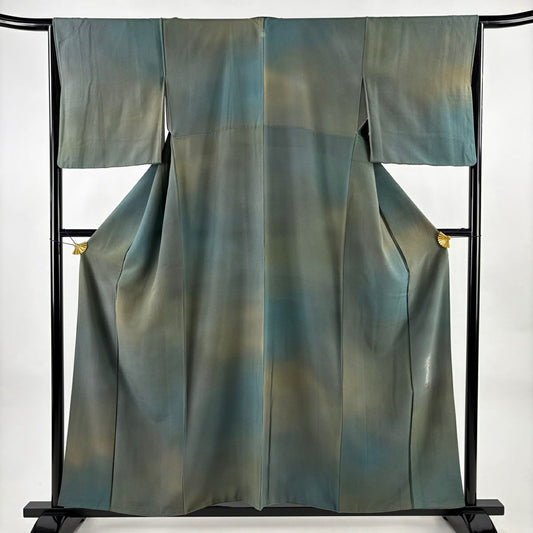 【美品】 小紋 身長158cm 袖長65.5cm M 雙層 斉藤三才 落款あり 漸層 灰綠 純蠶絲 名品級 一つ紋