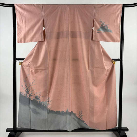 付下 身長158.5cm 袖長64.5cm M 雙層 紬織織 葉與果實 家屋 漸層 鮭粉色 純蠶絲 名品級