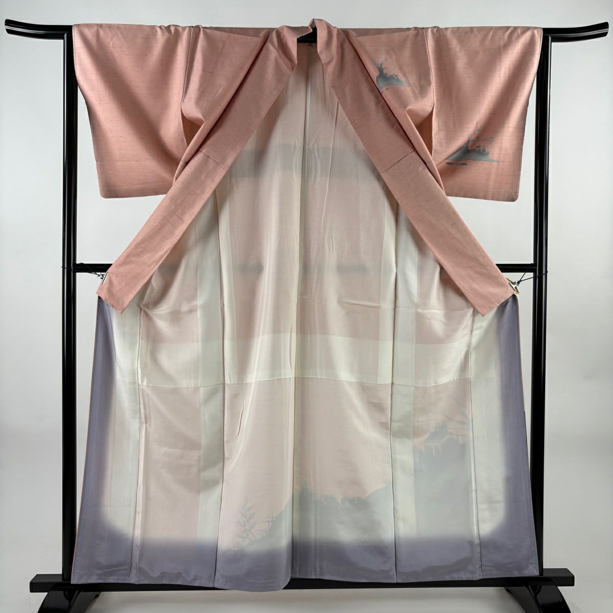 付下 身長158.5cm 袖長64.5cm M 雙層 紬織織 葉與果實 家屋 漸層 鮭粉色 純蠶絲 名品級