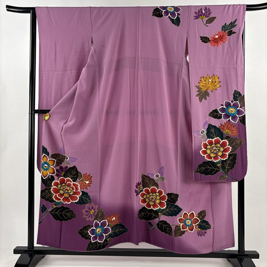 振袖禮服 身長155cm 袖長66.5cm M 雙層 コシノヒロコ 落款 草花紋紋 蝶 金銀彩 ぼかし 紫 純蠶絲 名品級