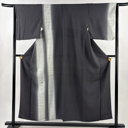 付下 身長154cm 袖長64cm M 雙層 格子 幾何學 金絲 刺繡 黑灰 純蠶絲 名品級
