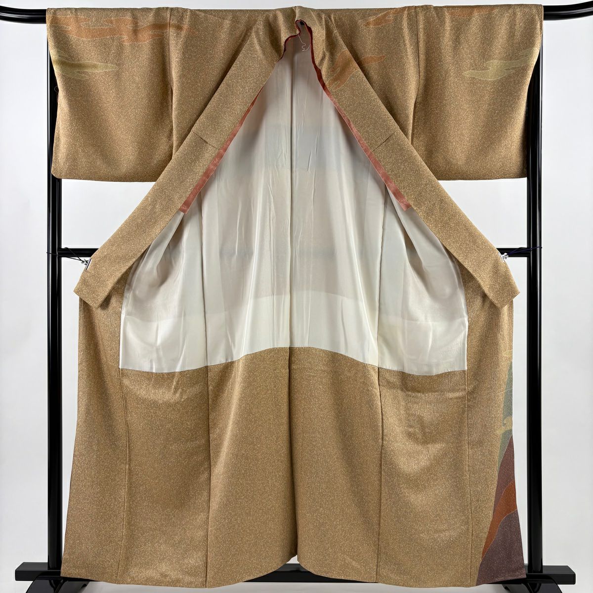 【美品】訪問服 身長159cm 袖長68cm L 雙層 翠山工房 落款あり 山並み 雲文 金彩裝飾 絞染 薄茶 純蠶絲 名品級