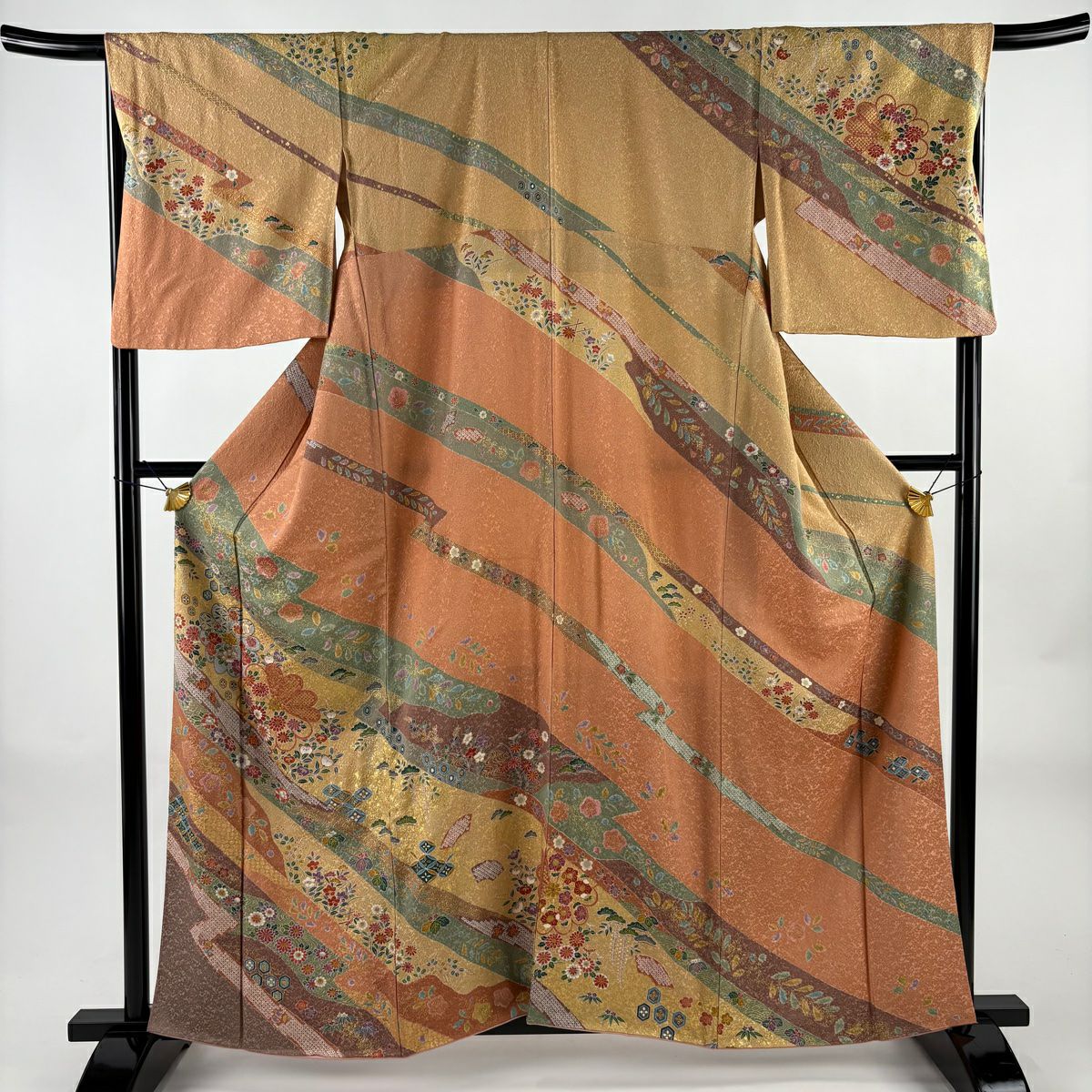 【美品】訪問服 身長160cm 袖長68cm L 雙層 草花紋紋 流水 金彩裝飾 鮭粉色 純蠶絲 名品級