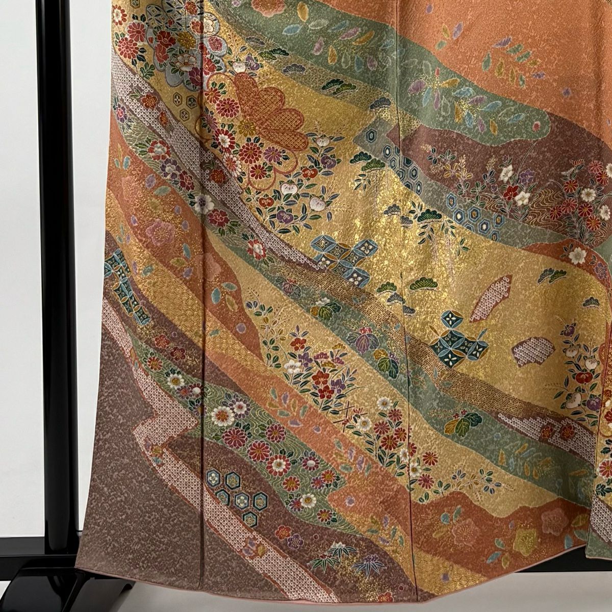 【美品】訪問服 身長160cm 袖長68cm L 雙層 草花紋紋 流水 金彩裝飾 鮭粉色 純蠶絲 名品級