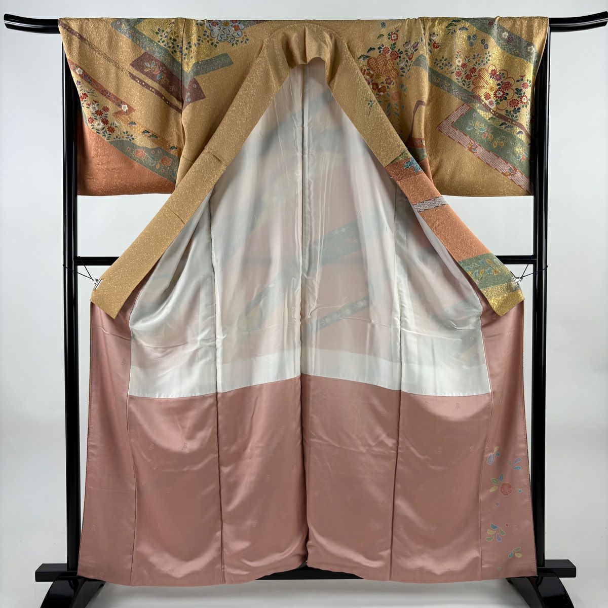 【美品】訪問服 身長160cm 袖長68cm L 雙層 草花紋紋 流水 金彩裝飾 鮭粉色 純蠶絲 名品級