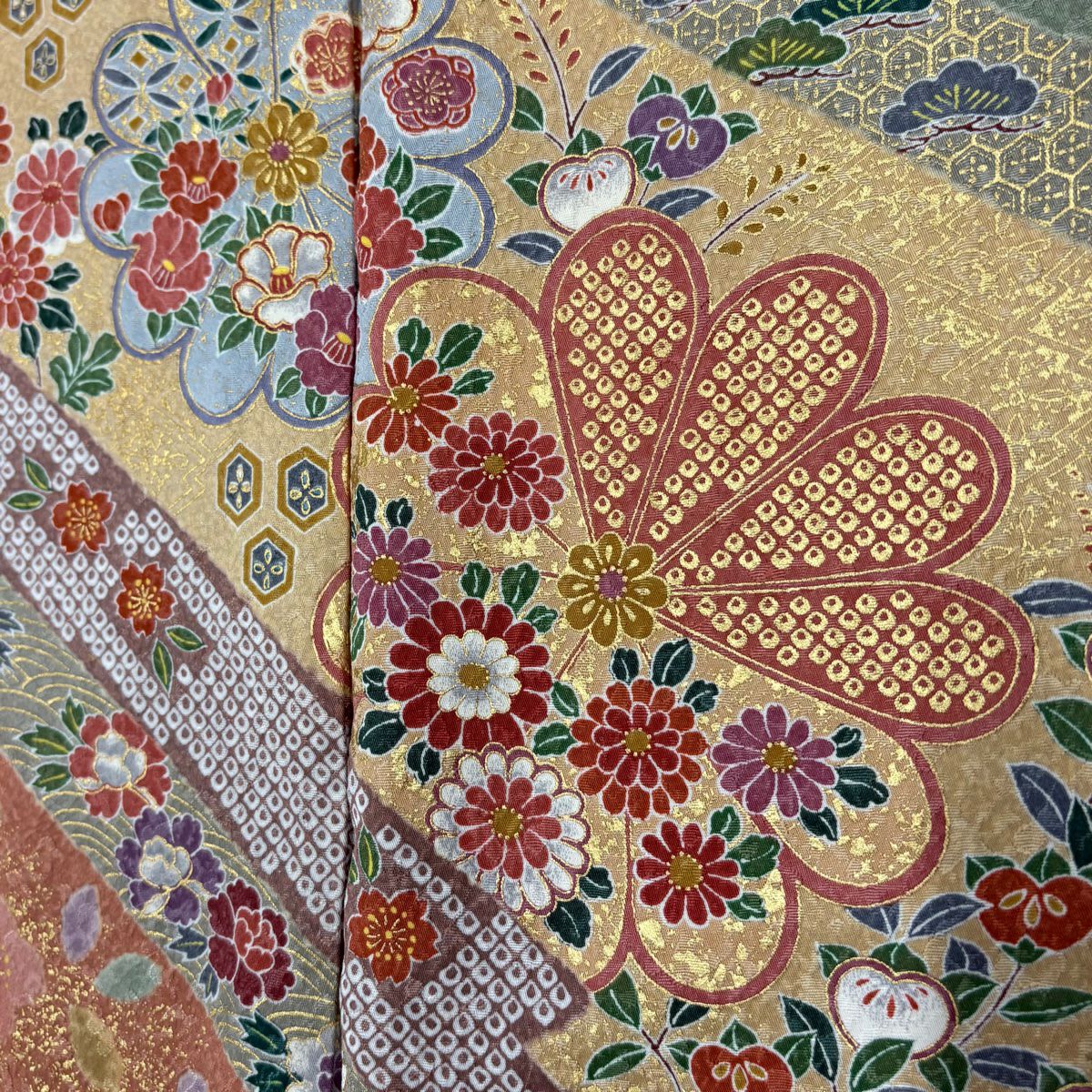 【美品】訪問服 身長160cm 袖長68cm L 雙層 草花紋紋 流水 金彩裝飾 鮭粉色 純蠶絲 名品級