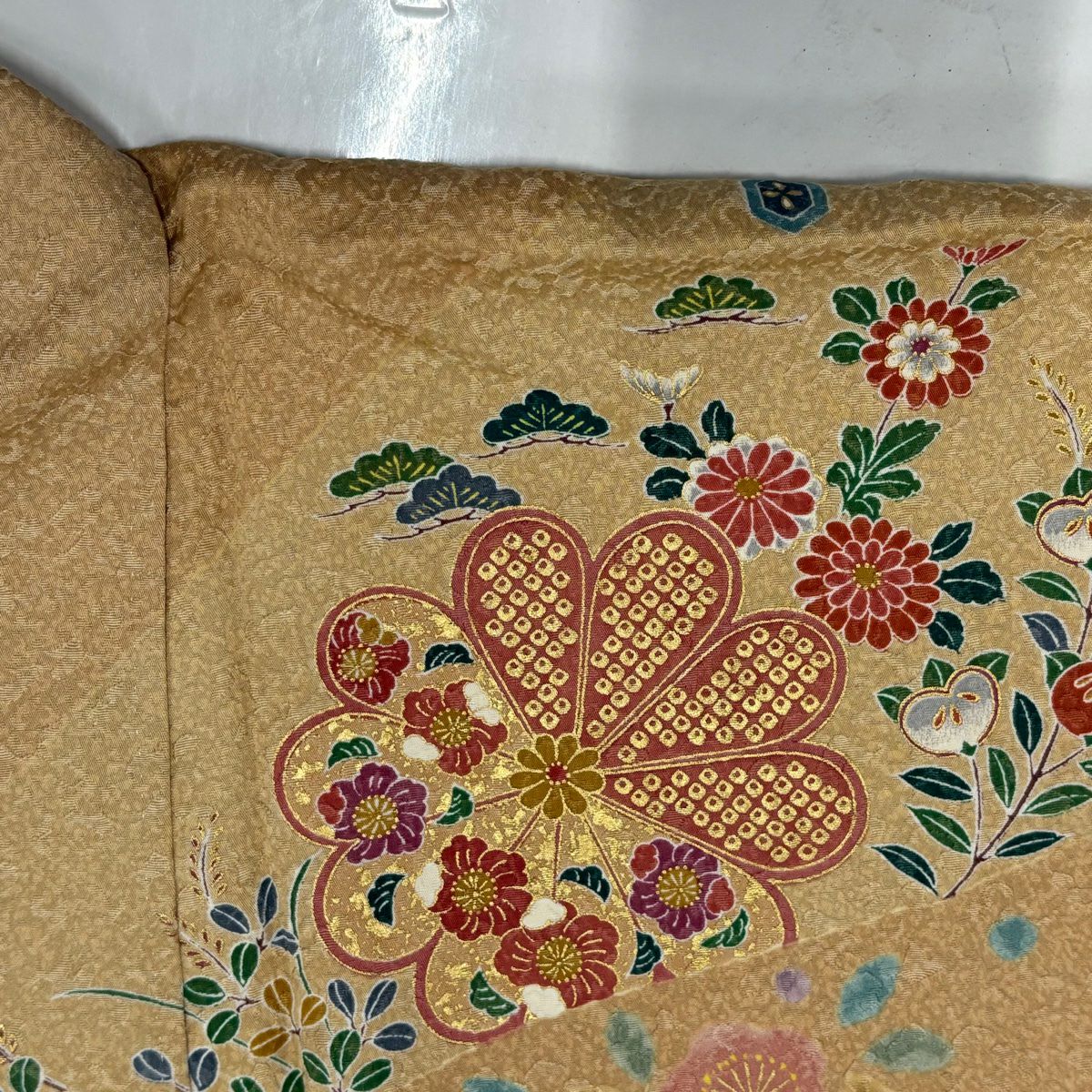 【美品】訪問服 身長160cm 袖長68cm L 雙層 草花紋紋 流水 金彩裝飾 鮭粉色 純蠶絲 名品級