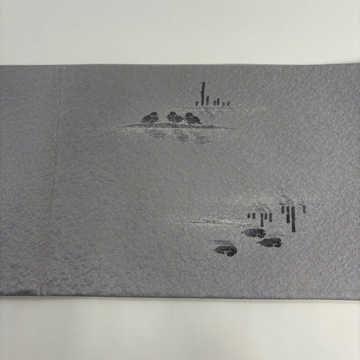 【美品】 袋帶 秀品級 附落款 風景 遠山 金通 金灰色 大鼓圖案 純蠶絲