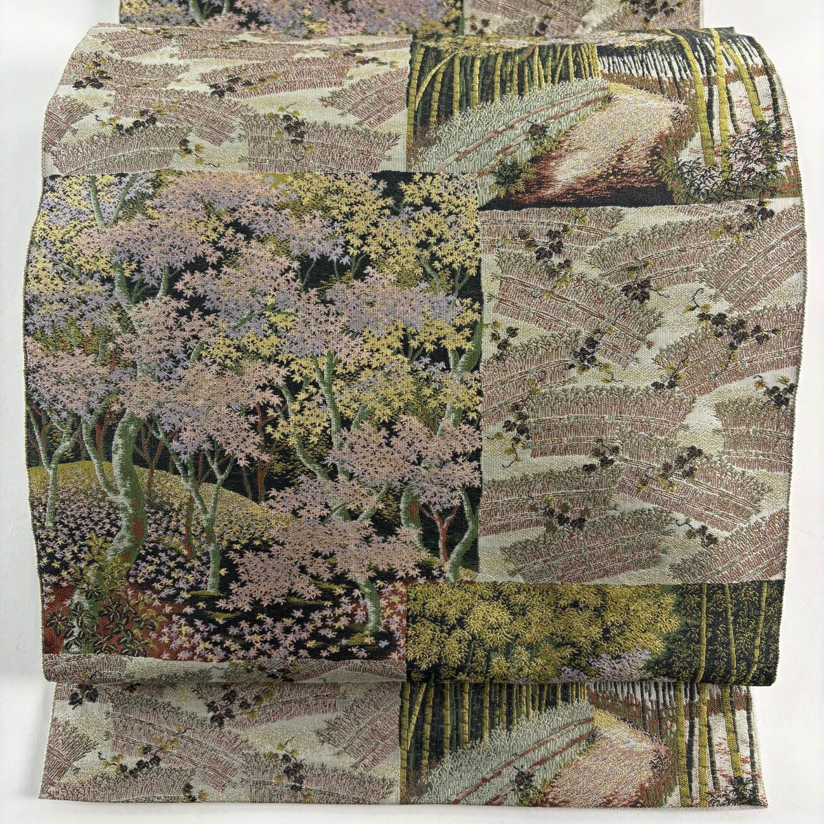 【美品】 袋帶 秀品級 樹木 柴垣 灰綠 全通 純蠶絲