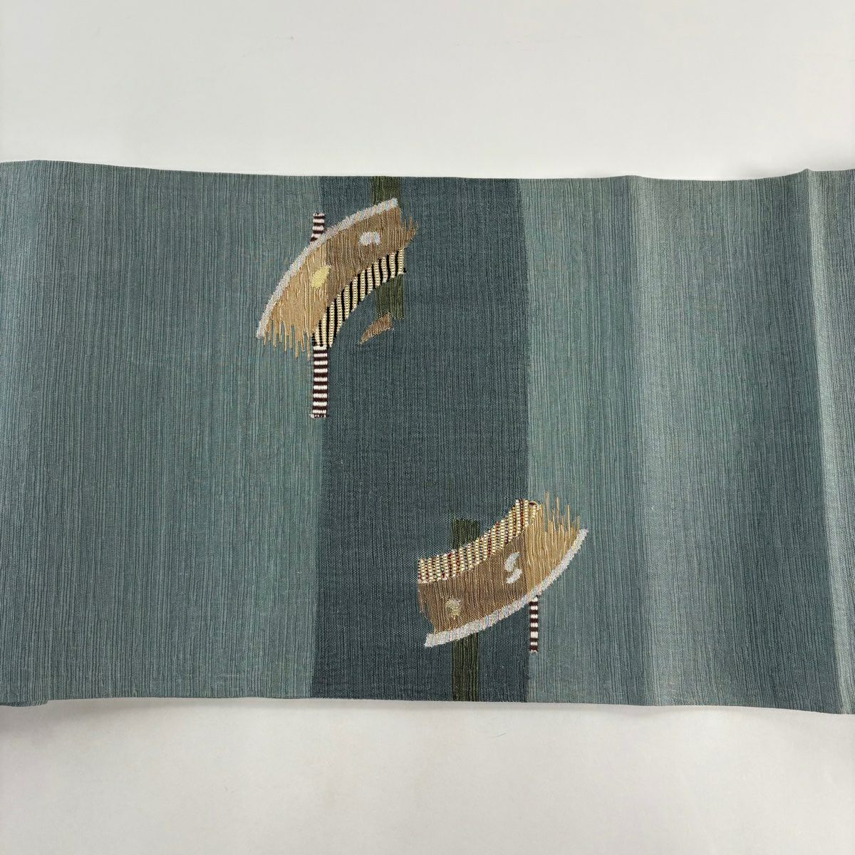 【美品】 袋帶 秀品級 幾何圖案 金彩裝飾 銀彩 灰綠色 大鼓圖案 純蠶絲