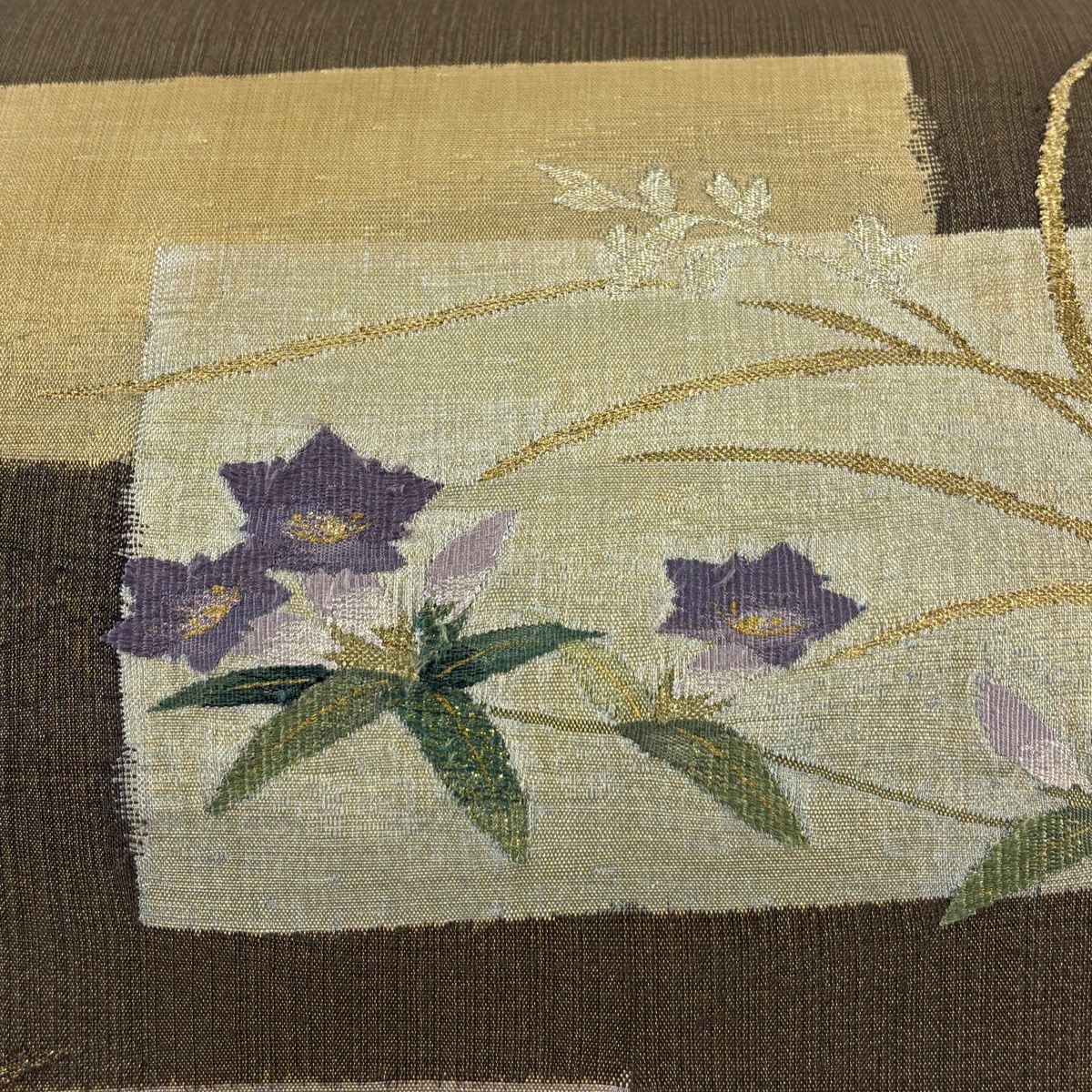 【美品】 袋帶 秀品級 草花紋 葉紋 金通 金銀絲 茶綠 お太鼓紋 純蠶絲
