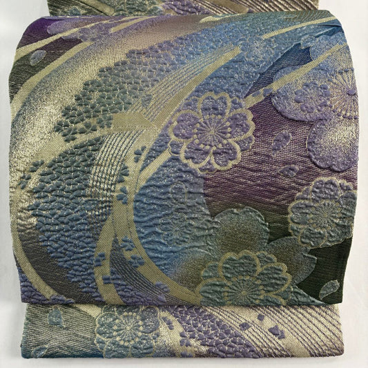 【美品】 袋帶 優品級 證書附帶 櫻花花瓣 金絲 金金箔 青紫 全通 純蠶絲