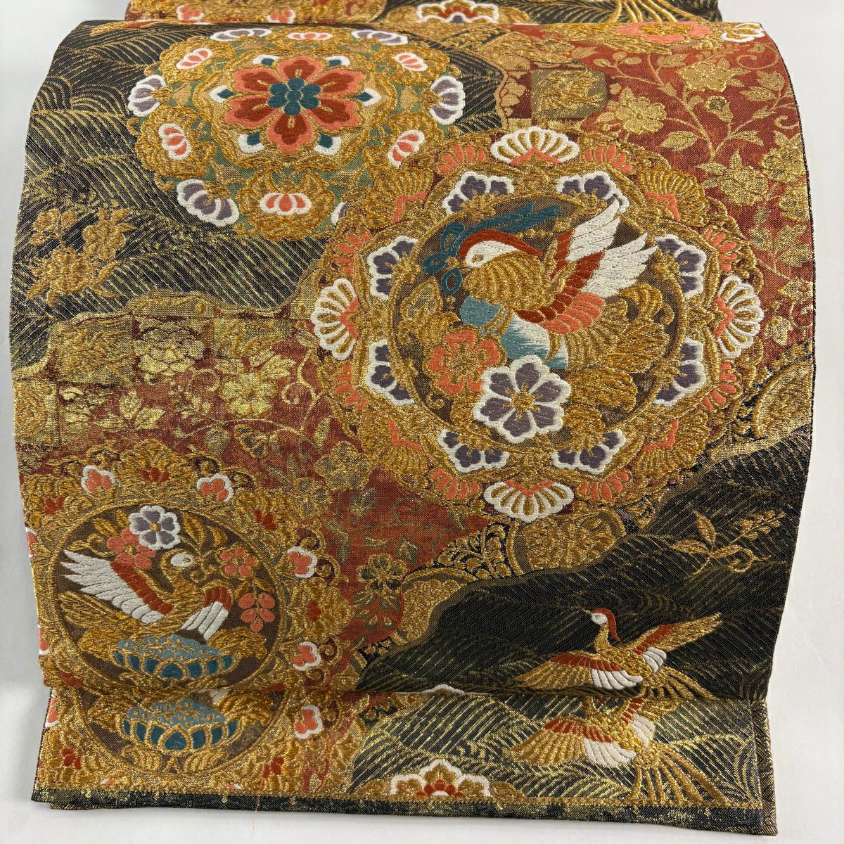 【美品】 袋帶 秀品級 華紋 花鳥 金糸 金金箔 墨 深藍 六通 純蠶絲