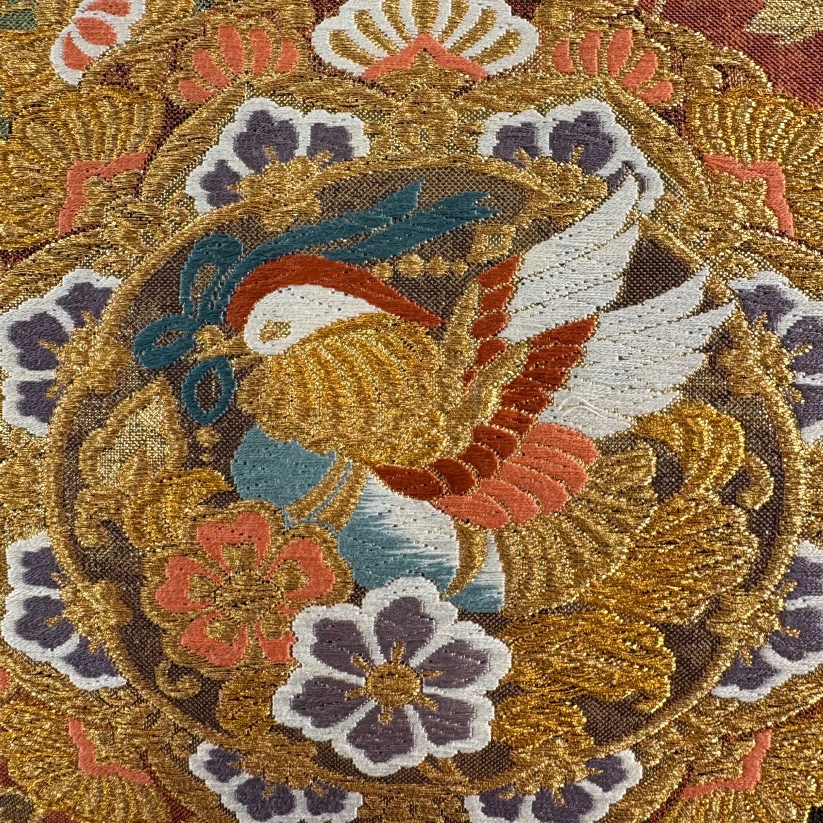 【美品】 袋帶 秀品級 華紋 花鳥 金糸 金金箔 墨 深藍 六通 純蠶絲