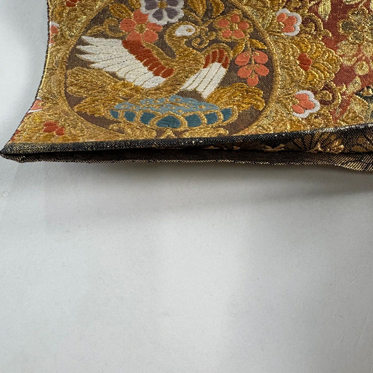 【美品】 袋帶 秀品級 華紋 花鳥 金糸 金金箔 墨 深藍 六通 純蠶絲