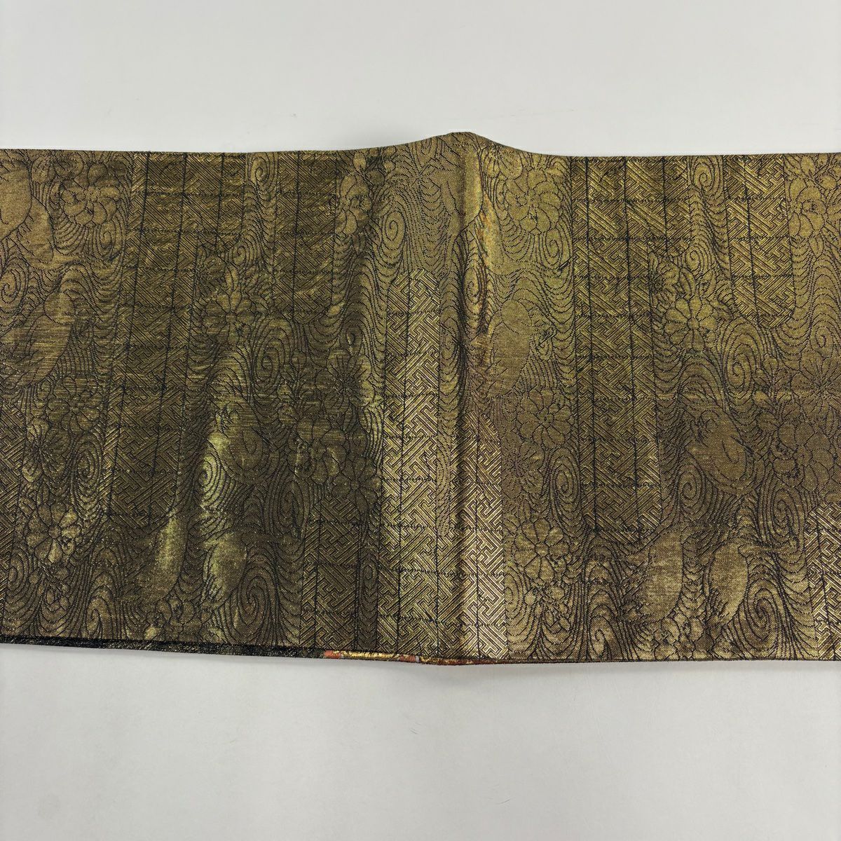 【美品】 袋帶 秀品級 華紋 花鳥 金糸 金金箔 墨 深藍 六通 純蠶絲