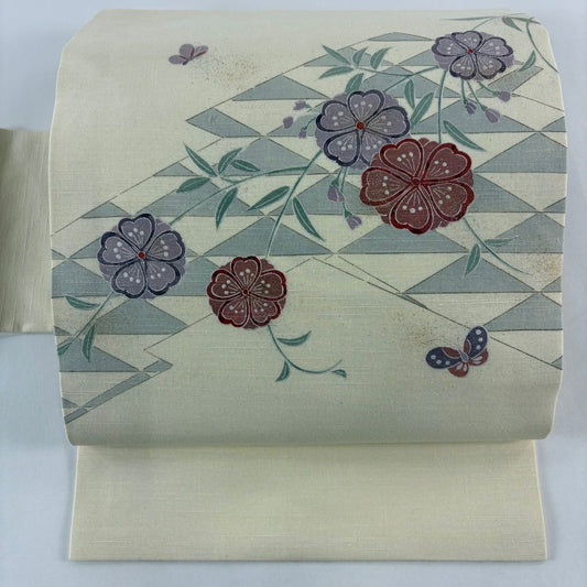 【美品】 名古屋帶 秀品級 紬織織 草花紋紋 蝶 金銀彩 淡黃 純蠶絲