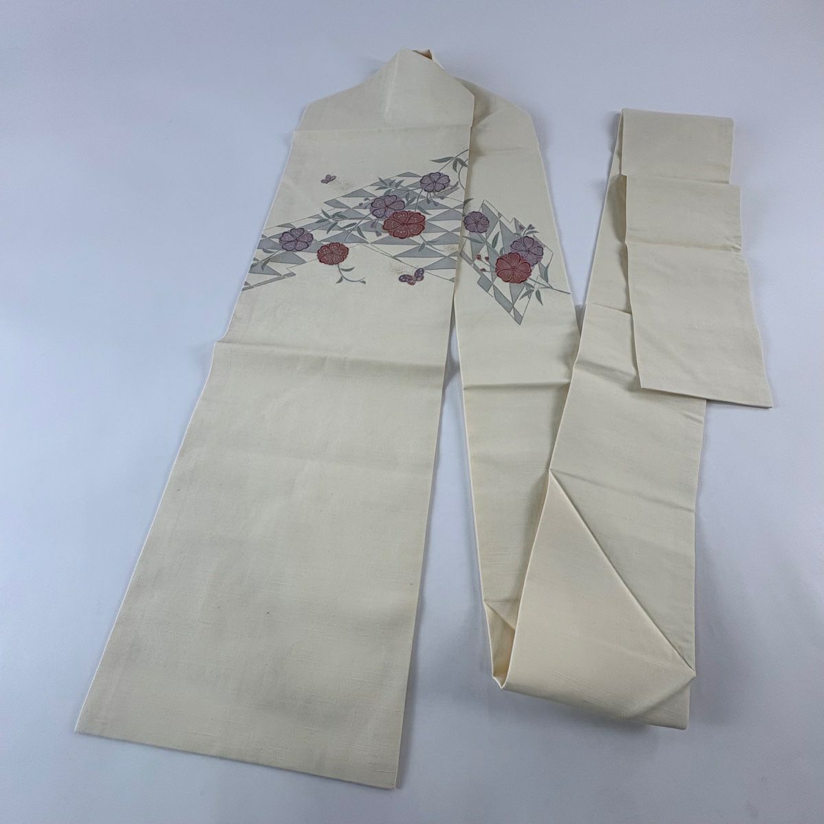 【美品】 名古屋帶 秀品級 紬織織 草花紋紋 蝶 金銀彩 淡黃 純蠶絲