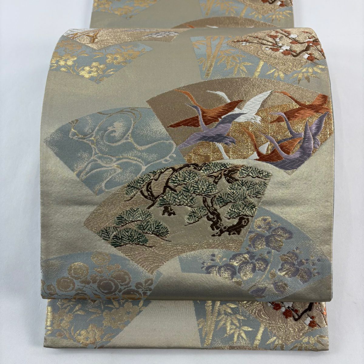 【美品】 袋帶 秀品級 扇子面 松樹竹子梅花 金絲 金金箔 灰綠 六通 純蠶絲