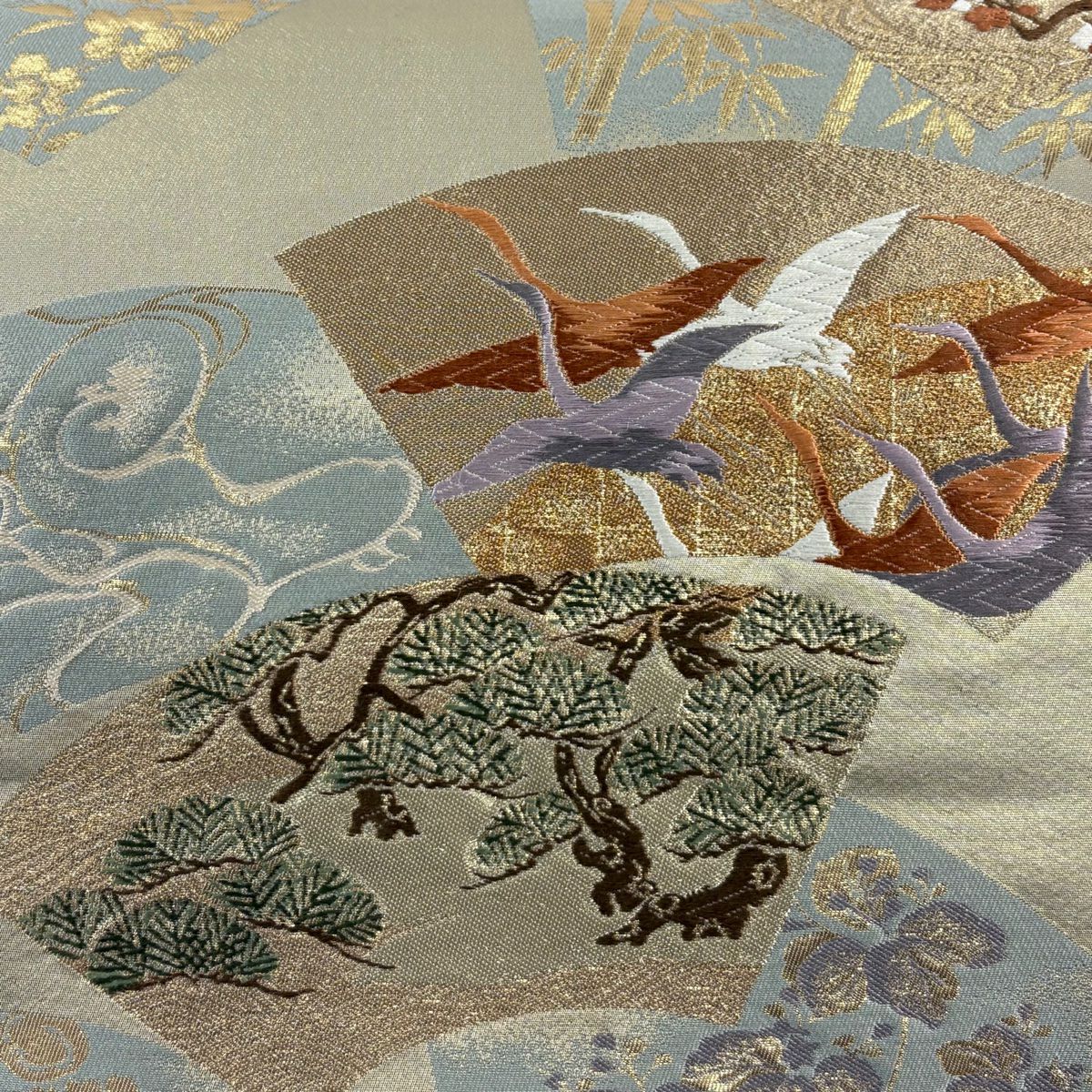 【美品】 袋帶 秀品級 扇子面 松樹竹子梅花 金絲 金金箔 灰綠 六通 純蠶絲
