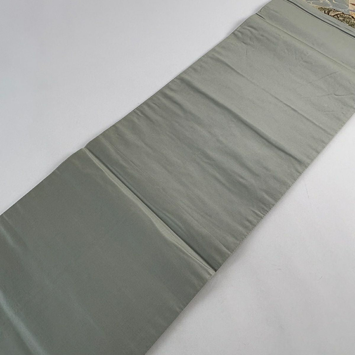 【美品】 袋帶 秀品級 扇子面 松樹竹子梅花 金絲 金金箔 灰綠 六通 純蠶絲