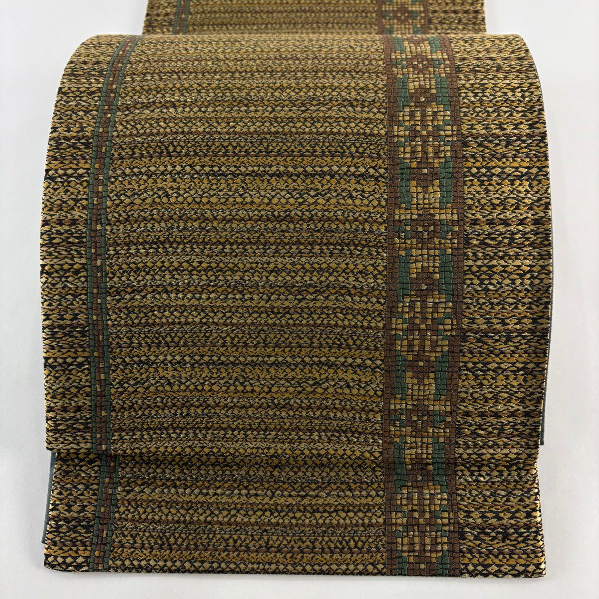【美品】 袋帶 秀品級 縞 幾何圖案 金絲 黃土色 六通 純蠶絲