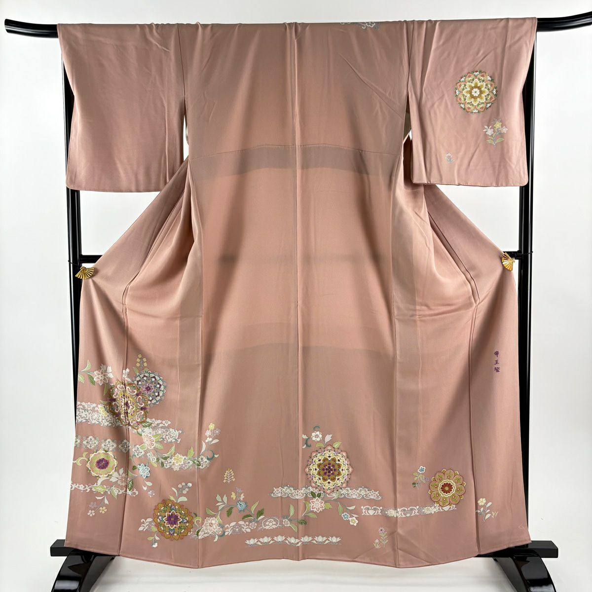 訪問服 身長161cm 袖長69cm L 雙層 帝王紫 落款あり 華紋 花唐草紋 刺繡 金彩裝飾 粉米色 純蠶絲 逸品級