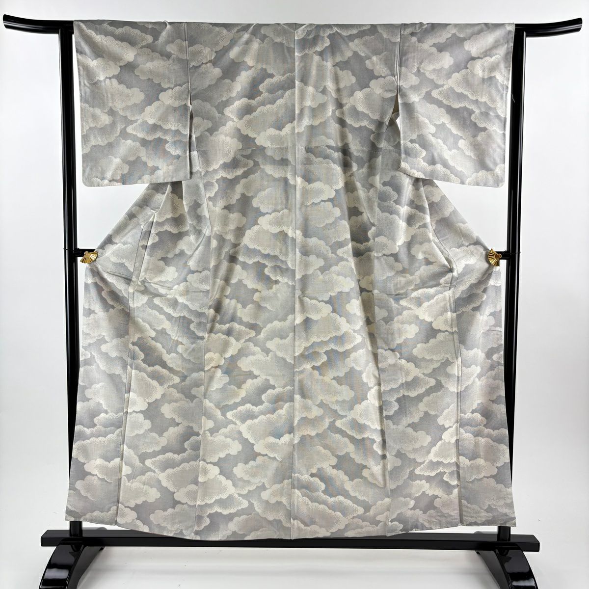【美品】 大島紬織 身長158.5cm 袖長63cm S 雙層 桑原啓之介 落款あり 證書あり 雲紋 灰色 純蠶絲 逸品級