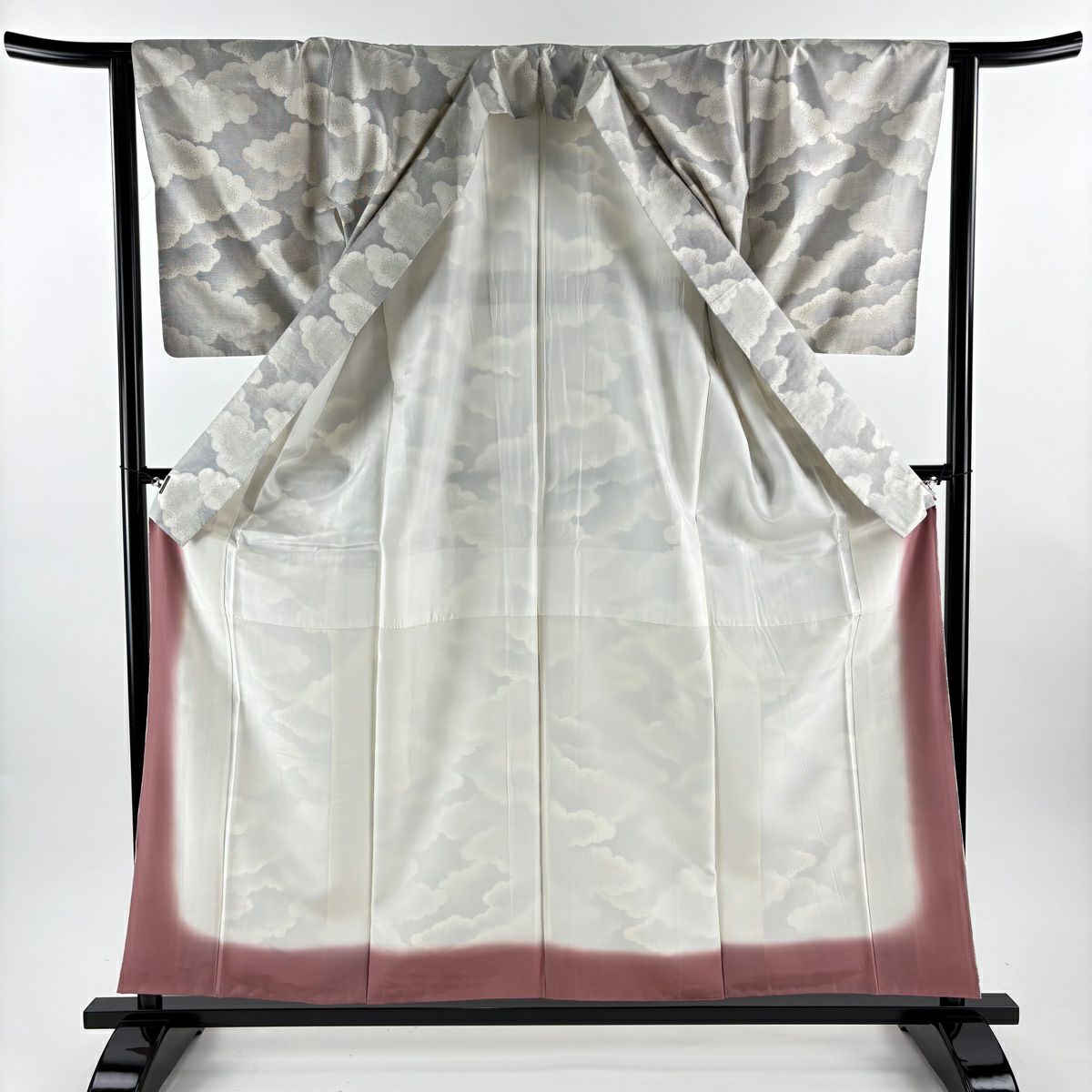 【美品】 大島紬織 身長158.5cm 袖長63cm S 雙層 桑原啓之介 落款あり 證書あり 雲紋 灰色 純蠶絲 逸品級