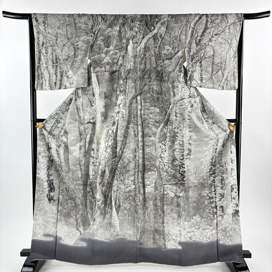 【美品】訪問服 身長166.5cm 袖長65.5cm M 雙層 山岡古都 有落款 白樺 灰 純蠶絲 逸品級