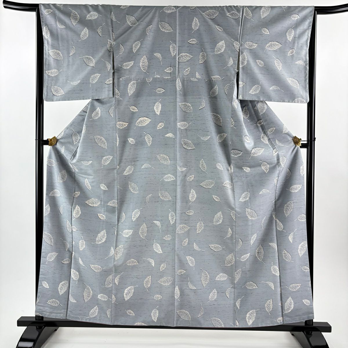 【美品】 小紋 身長160.5cm 袖長65.5cm M 雙層 紬織織 葉柄 灰色 純蠶絲 名品級