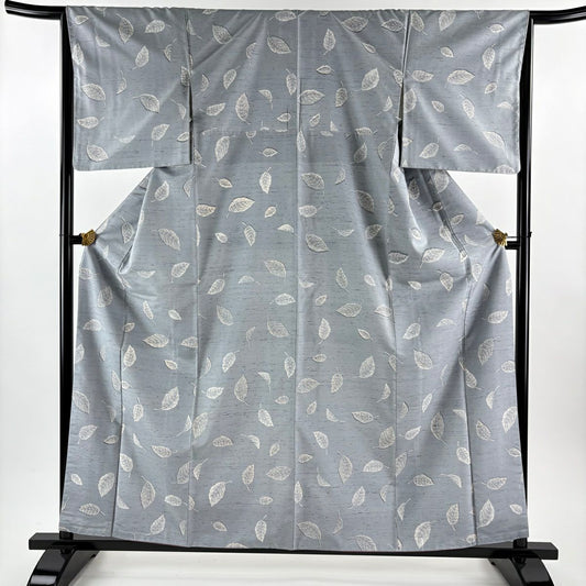 【美品】 小紋 身長160.5cm 袖長65.5cm M 雙層 紬織織 葉柄 灰色 純蠶絲 名品級