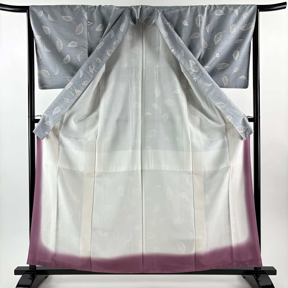 【美品】 小紋 身長160.5cm 袖長65.5cm M 雙層 紬織織 葉柄 灰色 純蠶絲 名品級