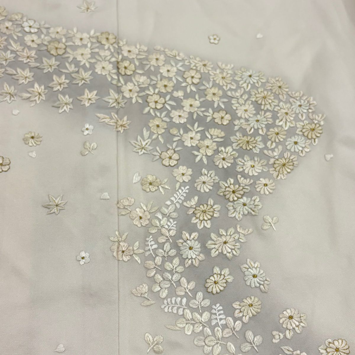付下 身長163.5cm 袖長67cm M 雙層 櫻花 菊花花 刺繡 金線 粉米色 純蠶絲 名品級