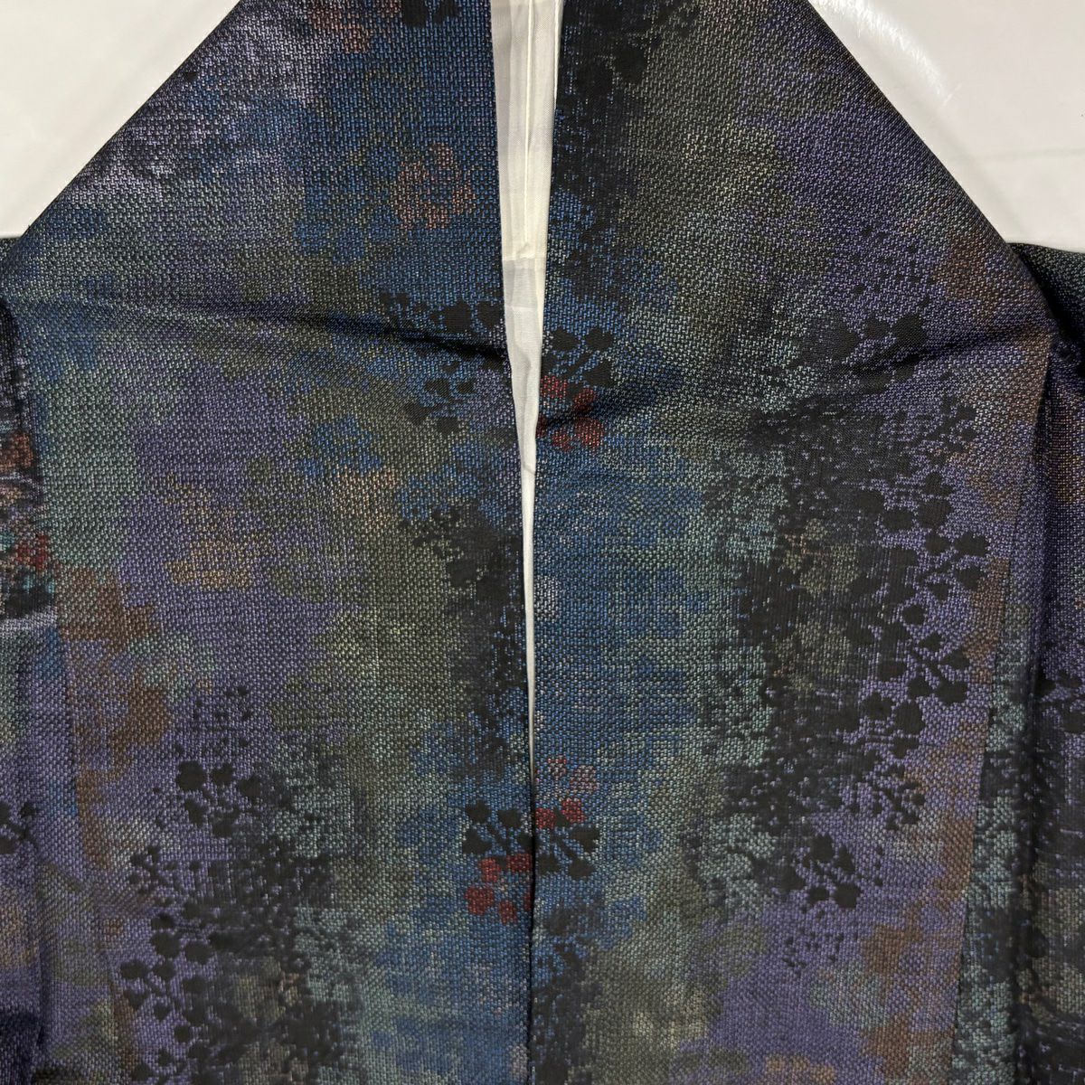 【美品】 紬織織 身長162cm 袖長65.5cm M 雙層 華紋 草花紋紋 深藍 純蠶絲 名品級