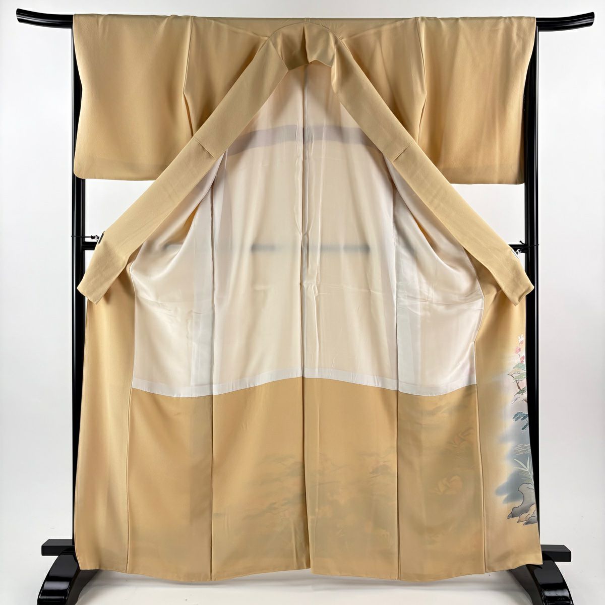 色留袖禮服 身長166cm 袖長65.5cm M 雙層 落款あり 鴛鴦 笠松樹 金絲 金銀彩 淺橙色 純蠶絲 名品級 一つ紋