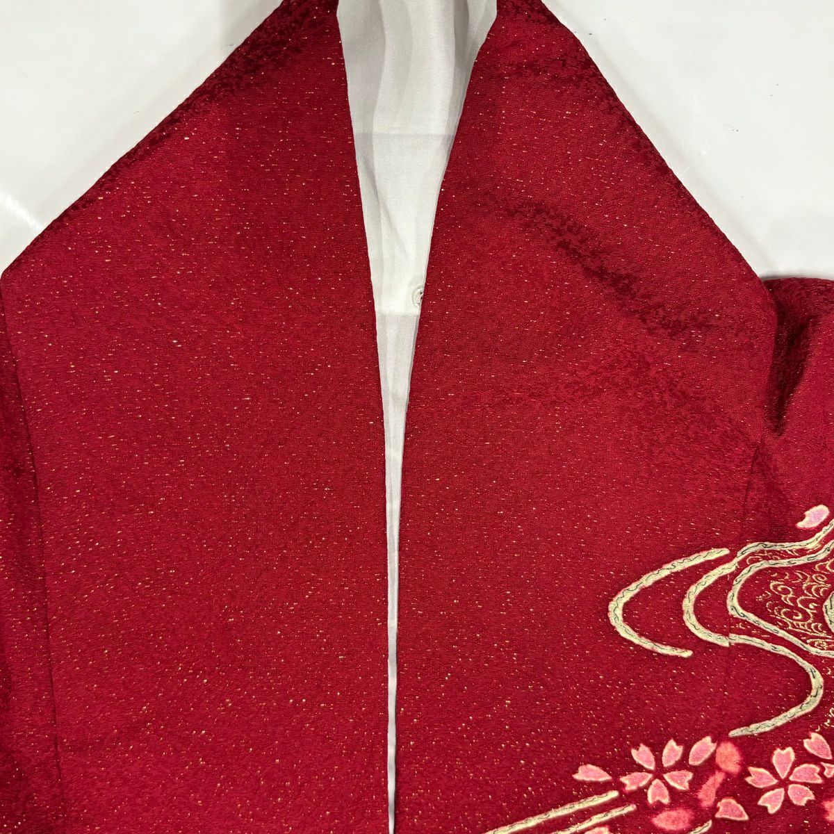 振袖禮服 身長161cm 袖長68cm L 雙層櫻 流水 金通 金銀彩 紅 純蠶絲 名品級
