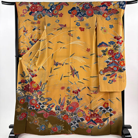 振袖禮服 身長169.5cm 袖長66cm M 雙層 牡丹 草花紋紋 絞染 薄橙色 純蠶絲 名品級