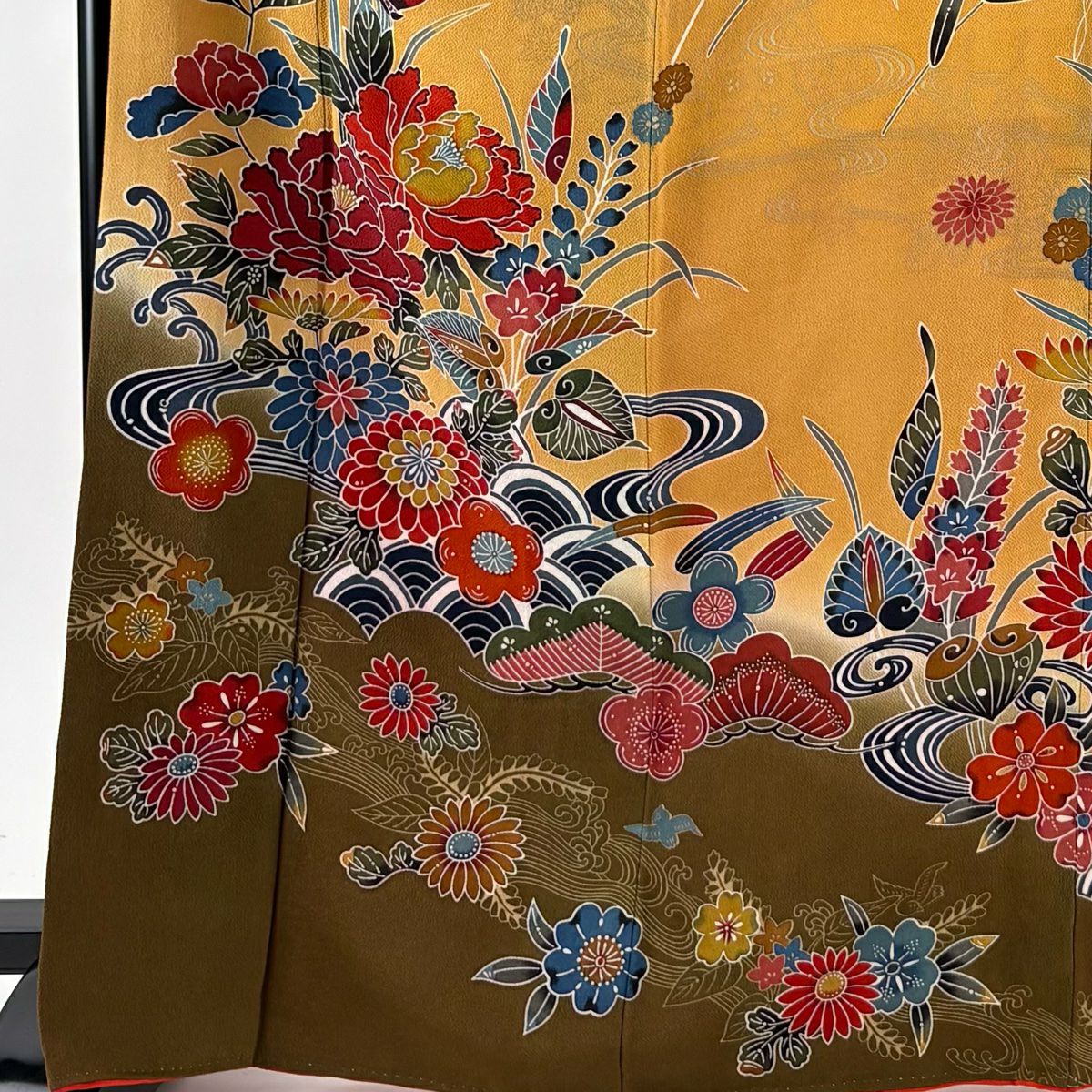 振袖禮服 身長169.5cm 袖長66cm M 雙層 牡丹 草花紋紋 絞染 薄橙色 純蠶絲 名品級